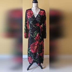 IRIS Floral Pattern Semi Sheer Wrap Cover Up Duster Dress Size Large